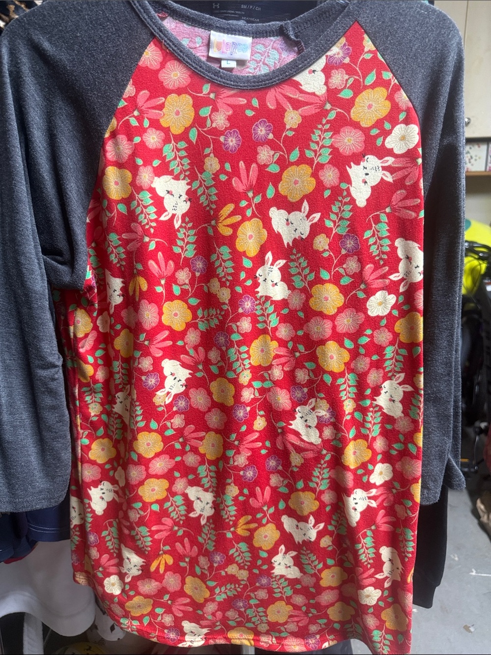 LuLaRoe Red Floral Bunny Raglan Top with Charcoal Sleeves